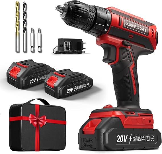 Cordless Drill with 2 Batteries, 20V Cordless Drill Bit Devicer, Max Torque 42Nm, 2 Speed LED Devicer, Compatible with Makita Batteries, 25+1 Torque, 10 mm Chuck
