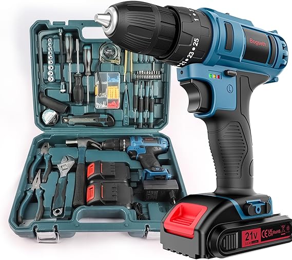 Bogseth Perceuse Visseuse Sans Fil 21v, Visseuse Devisseuse Sans Fil Avec 2 Batteries 2.0ah,45nm Perceuse Percussion,La Boite A Outils Complete Pour 112 PièCes, 2 Vitesses, Led, Pour La Bricolage