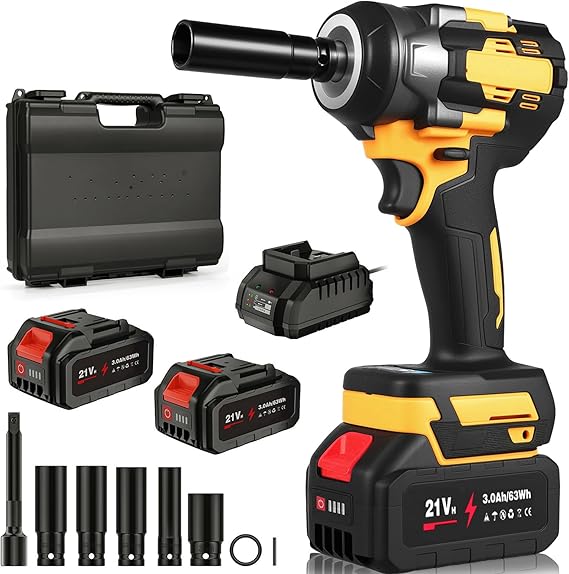 700N.m Cordless Impact Wrench, 1/2" Brushless Impact Driver with 5 Impact Sockets and Extension Rod, 2 Batteries and Fast Charger, 3200RPM, 21V Impact Nutrunner for Pkw, Pick-ups and DIY