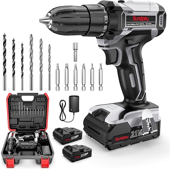 Sundpey Perceuse Visseuse Sans Fil 21V, 45Nm Max Visseuse-Devisseuse Sans Fil avec 2 Batteries 2.0Ah, 18+1 Réglages de Couple, 2 Vitesses, LED, Tournevis Electrique Sans Fil pour le Bricolage(Gris)