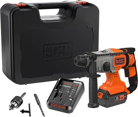 BLACK+DECKER BCD900M1K-QW 18V SDS-Plus Cordless Drill Hammer 4.0Ah Battery, 2A Charger, Case, Adjustable Handle, LED Lighting,