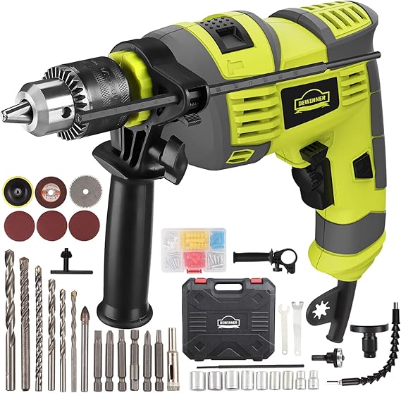 Professional Perceuse-visseuse à Percussion 710W, DEWINNER Perceuse à Percussion Filaire avec 102 Accessoires, 3300RPM, Perceuse à Percussion électrique, Poignée Rotative à 360°, Mandrin 13mm