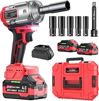 Clé à chocs sans fil, 1200Nm(900 Ft-lbs)1/2 » Brushless Impact Gun, 21V High Torque Power Impact Driver Ideal, 2x4.0AH Batteries Electric Impact Motor Variable Speeds for Car, DIY, and Truck RV/Mower