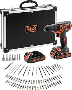 BLACK+DECKER Perceuse-visseuse sans fil 18V, compacte et légère, comprenant 2 batteries de 1,5Ah, un chargeur rapide et 80 accessoires dans une mallette de rangement, BDCDC18BAFC-QW
