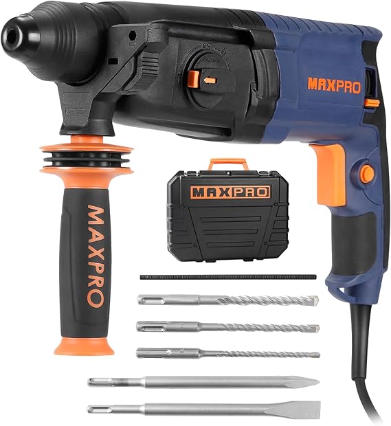 MAXPRO Marteau Perforateur SDS-Plus 2.8J, 4 Fonctions Capacité de Perçage: Béton (26MM), Métal (13MM), Bois (30MM), 3 Forets, 2 Burins et Boîtes Inclus