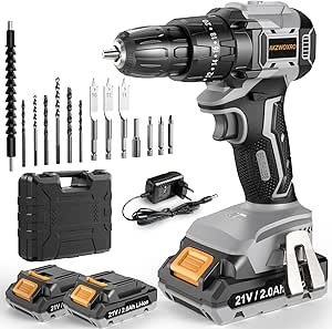 Perceuse Visseuse Sans Fil 21V, Brushless Visseuse Devisseuse avec 2 Batteries 2.0Ah, 45N.m Percussion, 20+3 Réglages de Couple, 14 Accessoires, 2 Vitesses, pour la Bricolage, Gris