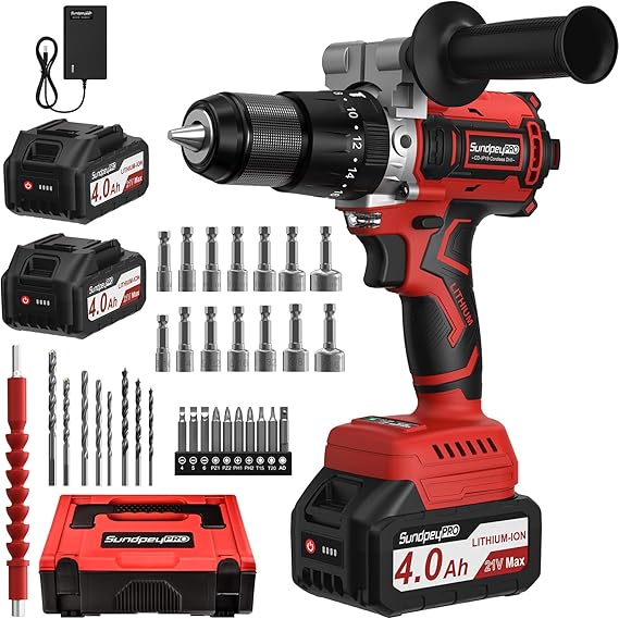 Perceuse Visseuse Sans Fil 21V - 120Nm Max Brushless Perceuse Percussion Sans Fil, Visseuse Devisseuse avec 2 Batteries 4.0Ah, 20+3 RéGlages de Couple, 13mm Mandrin, 2 Vitesses, Led