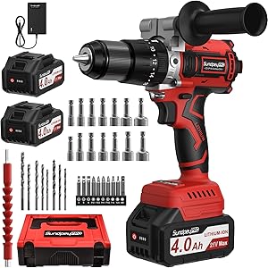 Perceuse Visseuse Sans Fil 21V - 120Nm Max Brushless Perceuse Percussion Sans Fil, Visseuse Devisseuse avec 2 Batteries 4.0Ah, 20+3 RéGlages de Couple, 13mm Mandrin, 2 Vitesses, Led