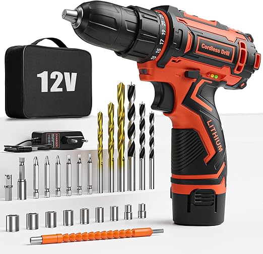 Perceuse Visseuse Devisseuse Sans Fil 12V, avec Sac et 25 Accessoires, 2000mAh Batterie, 2 Vitesse, 25+1 Réglages de Couple, 25Nm, Lumières LED, Perceuse-Visseuse
