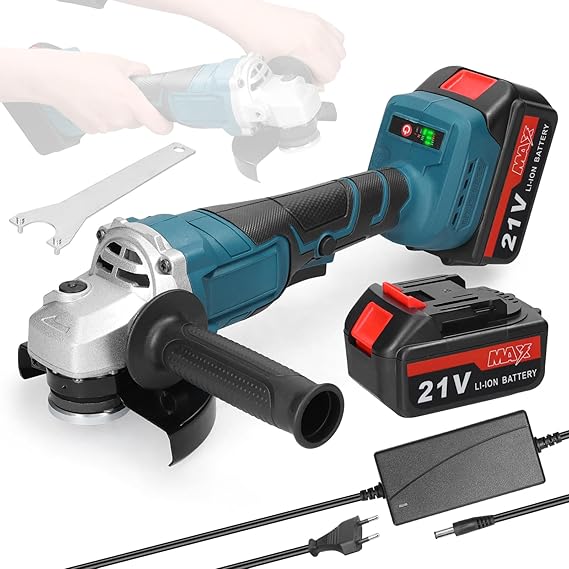 Meuleuse d'angle 125 mm, meuleuse d'angle avec moteur brushless 21 V avec 2 piles pour couper polir carreaux de céramique bois pierre acier