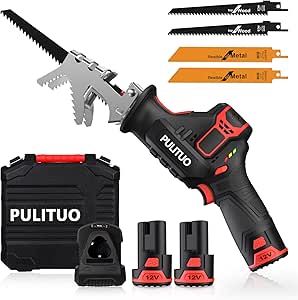 Scie Sabre Sans Fil, PULITUO Alternative avec 2×2Ah Batteries, 1 chargeur, Vitesses Réglables 0-2700SPM, Scie Egoîne Electrique sans Fil, 4 Lames Idéal pour la Coupe du Bois et du Métal