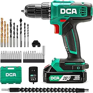 DCA Cordless Drill, 40Nm Torque, 10mm Self-Tightening Chuck, Electric Drill with 2.0Ah Battery and Charger, 18+1 Positions, 20V Drill Kit 25 Pieces, ADJZ2035