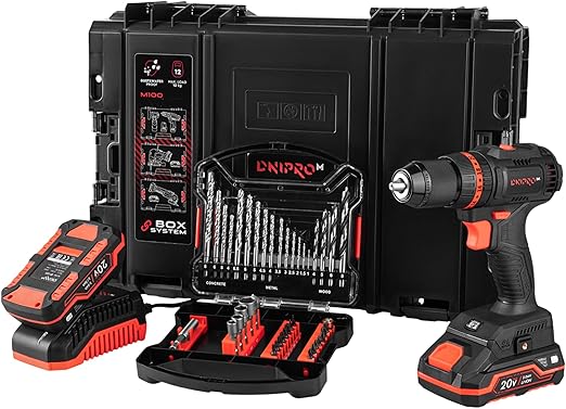 Dnipro-M CD-201HBC Perceuse Visseuse à Percussion Sans Fil 20V (2 Vitesses, 0-1550 RPM, Mandrin 13 mm) avec 2 Batteries 2Ah, Chargeur, Coffret et Jeu de 41 Forets – Kit Complet