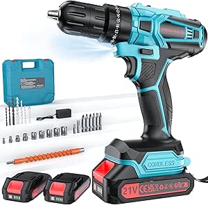 Perceuse Visseuse Sans Fil 21V Avec Batterie 4000mAh, 45Nm de couple max 25+3 positions de couple (2 vitesses & LED), 2 batteries 2,0Ah et chargeurpour la maison et le jardin projet DIY (Bleu)