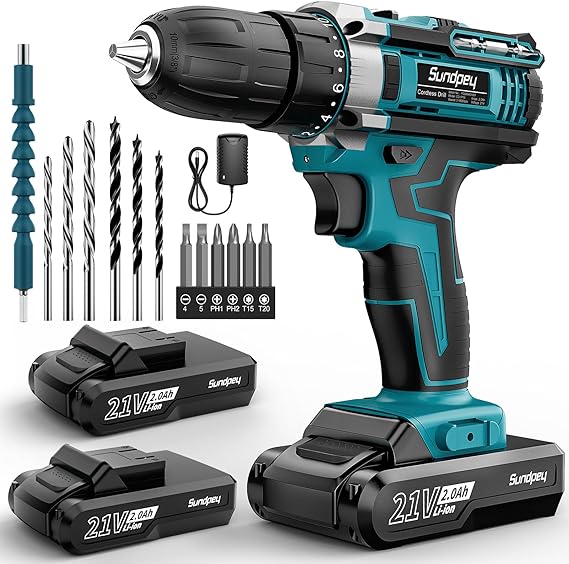 Sundpey 21V Cordless Screwdriver - Cordless Drill Driver with 2 Batteries 2.0Ah, 1500RPM 45Nm Max Electric Screwdriver, 2 Speed, 18+1 Torque Settings, LED, for Home DIY