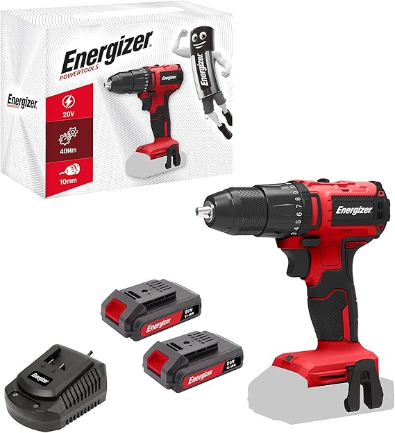 Energizer - 20V Ultra Light Cordless Drill 40 Nm Torque, 2 Speeds (1850 RPM), 10 mm Chuck, Includes 2 x 20V 2AH Batteries + Fast Charger, High Performance Tool DIY & Construction