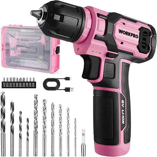 WORKPRO 8V Perceuse Visseuse Sans Fil, 2 In 1 Visseuse Devisseuse Sans Fil Rose, Accessoires 21 Pièces, avec 10MM Porte-Forets, LED Lumière, Câble de Charge Type C, pour Réparation Maison DIY