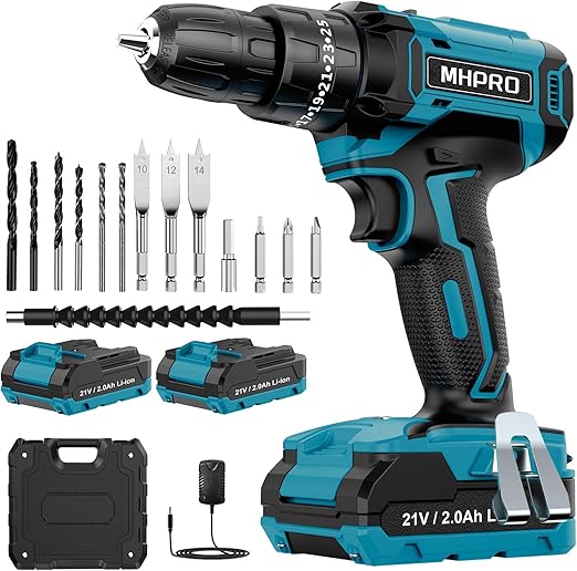 Perceuse Visseuse Sans Fil 21V, Visseuse Devisseuse avec 2 Batteries 2.0Ah, 42Nm Percussion, 25+3 Réglages de Couple, 14 Accessoires, 2 Vitesses, LED, pour la Bricolage