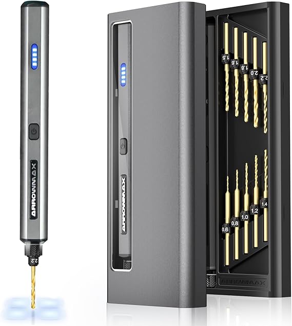 ARROWMAX 13 in 1 Mini Electric Drill Pen with Aluminum Case Rechargeable 800RPM Hand Drill Kit 10pcs HSS Bits DIY Wood Jewelry Making (SDS MINI)