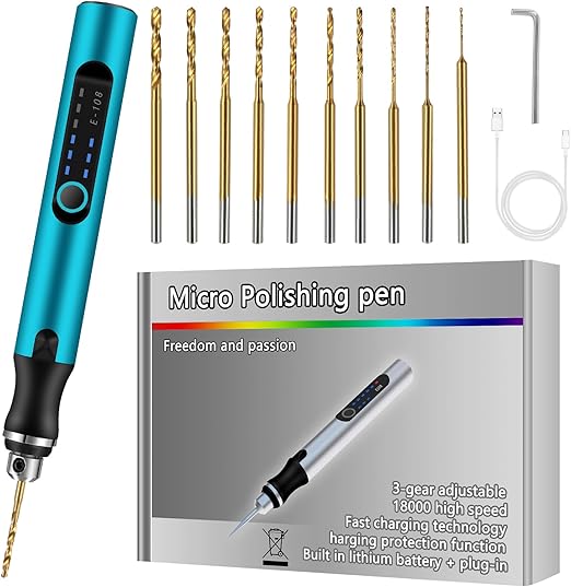 Mini Stylo Perceuse Électrique, Mini Perceuse Électrique à 3 Vitesses, Mini Perceuse Électrique Manuelle, Avec 10 Petits Forets, pour Porte Clés, Pendentif, Cuir, Bois, Résine, Plastique, Bleu