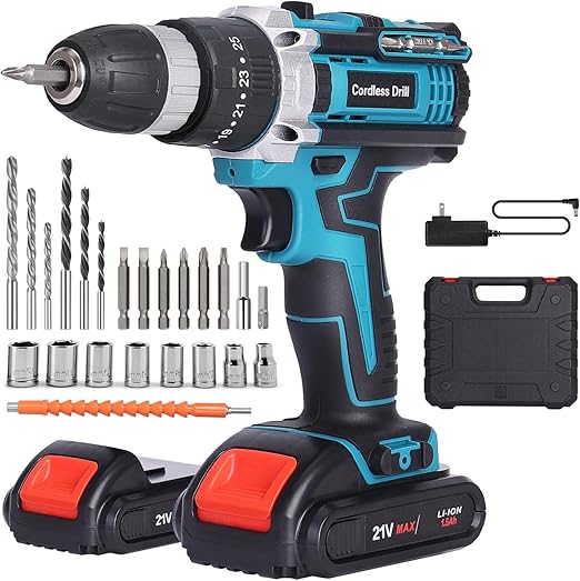 Perceuse Visseuse Sans Fil 21V, Visseuse Devisseuse Sans Fil avec 2 Batteries 1500mAh, 35Nm Perceuse Percussion, 3 en 1 Perceuse Sans Fil - Vissage, Perçage et Perçage à Percussion