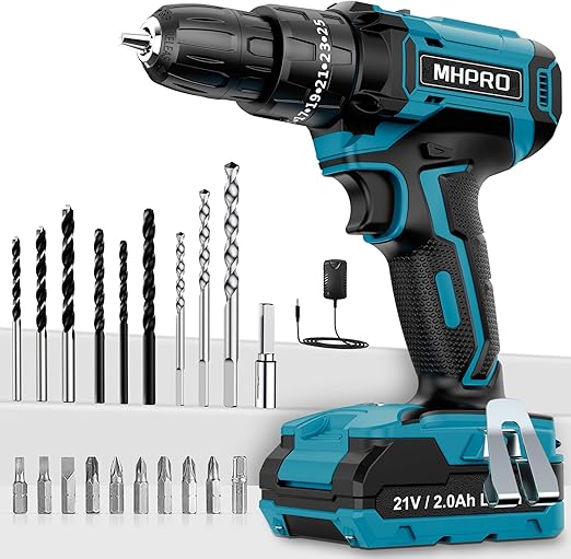 MHPRO Perceuse Visseuse Sans Fil 21V, Visseuse Devisseuse avec Batteries 2.0Ah, 42N.m Percussion, 25+3 Réglages de Couple, 24 Accessoires, 2 Vitesses, LED, pour Projet de Bricolage