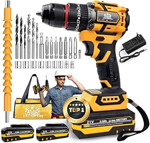 ElectroPrime© Perceuse Visseuse Sans Fil 21V |Visseuse Devisseuse Sans Fil Set avec 2x Batteries 2.5 Ah | 65Nm Max Mandrin en Acier | 25+3 Réglages | 2 Vitesses| 25 Accessoires | LED Intégrée