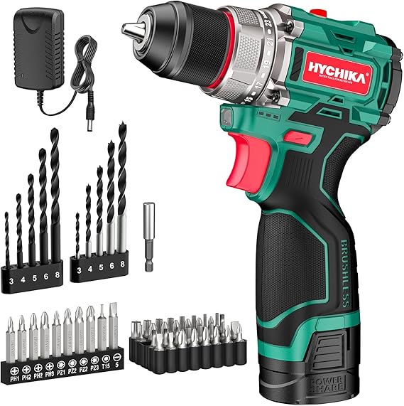 HYCHIKA Perceuse Visseuse sans fil, Perceuse sans balais, Couple max. 45Nm avec 23+1 niveaux de couple, 53 accessoires, 2 vitesses, batterie 1500mAh, pour les travaux de bricolage à la maison et au ja