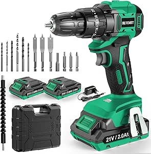 Perceuse Visseuse Sans Fil 21V, Brushless Visseuse Devisseuse Sans Fil avec Batteries 2.0Ah*2, 45N.m Perceuse Percussion, 20+3 Réglages de Couple, 14 Accessoires, 2 Vitesses pour Bricolage
