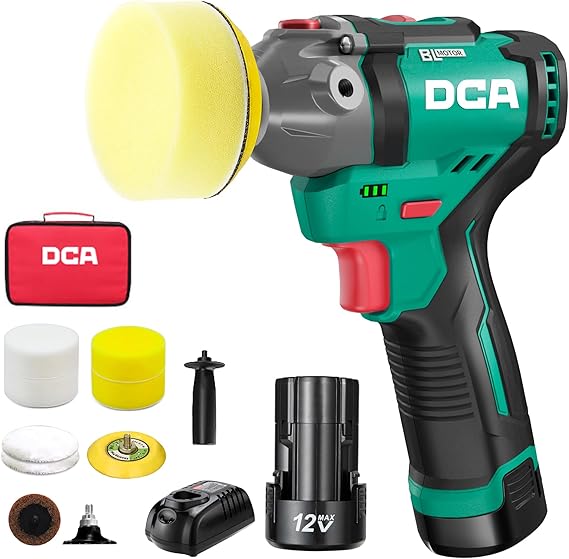 DCA 12V Mini Cordless Polisher, 75 mm, Mini Brushless Car Polisher and 55 mm Sander, 2 x 2.0Ah Batteries, 2 Speeds 2800-8300 RPM for Car Polishing/Lustering/Sanding/Waxing