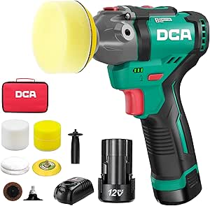 DCA 12 V Mini Cordless Polisher, 75 mm, Mini Brushless Car Polisher and 50 mm Sander, 2 x 2.0Ah Batteries, 2 Speeds 2800-8300 RPM for Car Polishing/Lustering/Sanding/Waxing