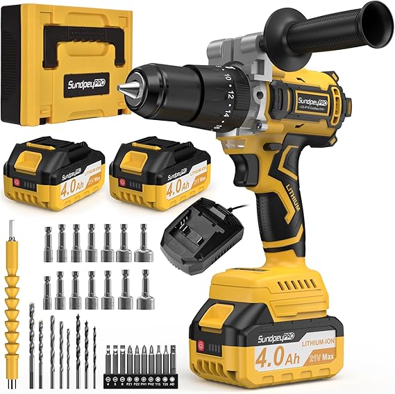 21V Cordless Drill 120Nm Max Brushless Cordless Devicer, Drill-Driver with 2 Batteries 4.0Ah, 20+3 Torque Settings, 13mm Chuck, 2 Speed, Led