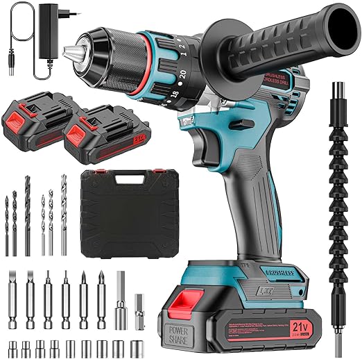 Perceuse-visseuse électrique sans fil sans fil avec 2 batteries de 2000 mAh, perceuse sans fil pour percer et visseuse à percussion pour la maison et le jardin, projet de bricolage, 80 N.m Max