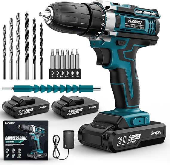 Sundpey 21V Cordless Drill - Cordless Screwdriver with 2 Batteries, 45Nm Max, 2 Speed, 18+1 Torque Settings, 19 Accessories, for Home DIY Projects, Blue
