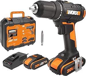 WORX Cordless Drill 20V WX108, Max Torque of 40Nm, Chuck φ13mm, Ideal for Small Jobs, 2 Variable Speeds, Compact and Light, with 1 2Ah Battery and Fast Charger