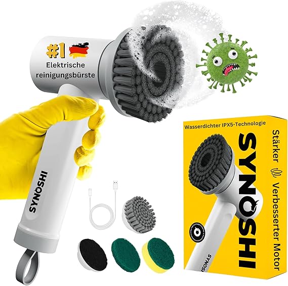 Synoshi Brosse de Nettoyage électrique avec 3 têtes interchangeables et 2 Vitesses, Brosse sans Fil pour Nettoyer la Salle de Bain, Le carrelage, la Voiture, Le Sol, la Cuisine et Bien Plus Encore