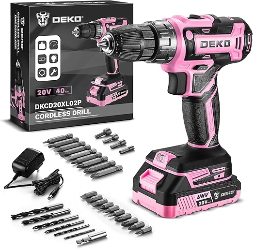 Perceuse électrique sans fil : DEKOPRO Perceuse sans fil rose 20 V pour femmes perceuses sans fil avec batterie et chargeur, kit de perceuse-visseuse 20 V