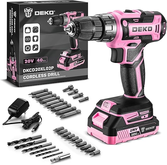 Cordless Electric Drill:DEKOPRO 20V Pink Cordless Drill for Women Drills with Battery and Charger 20V Drill Driver Kit