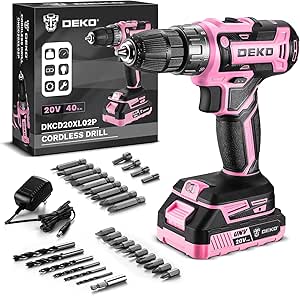 Perceuse électrique sans fil : DEKOPRO Perceuse sans fil rose 20 V pour femmes perceuses sans fil avec batterie et chargeur, kit de perceuse-visseuse 20 V
