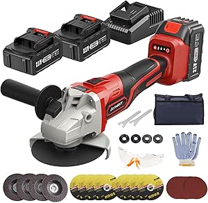 Meuleuse d'angle sans fil, meuleuse d'angle 21 V avec 2 batteries 4.0 Ah, 9000 RPM moteur brushless, disques de coupe 125 mm, disque à lamelles pour couper, meuler. (rouge)