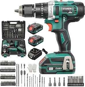 STANEW Perceuse à Percussion 20V - QW Perceuse-Visseuse sans fil 2 batteries Li-ion,96 PCs Accessoires, avec étui de Transport 2 Batterie et Chargeur