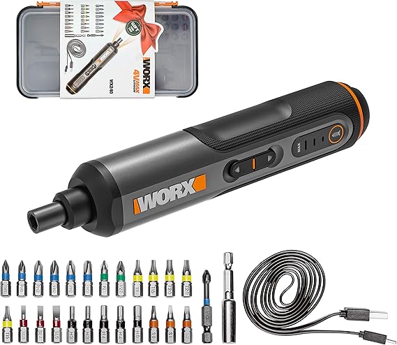 WORX 4V Mini Tournevis Electrique sans fil WX240, Jeu de Tournevis de Précision 1,5 Ah, 3 Vitesses，Lumière LED, Nombreux Accessoires inclus
