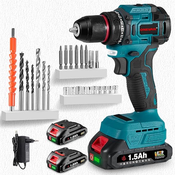 ONEVAN perceuse percussion sans fil, 20v perceuse sur batterie brushless avec 2x1,5Ah Batteries, 21+1 réglages de couple, 40nm, 25 accessoires, perceuse visseuse sans fil avec coffret