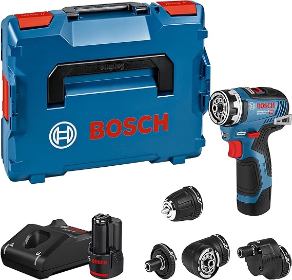 Bosch Professional 12V System Cordless Drill Driver GSR 12V-35 FC - FlexiClick System (2 x 3.0 Ah Batteries, GAL 12V-40 Fast Charger, 4 Adapters, L-BOXX)