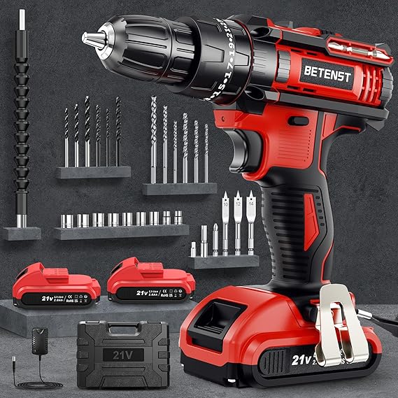Perceuse Visseuse Sans Fil, BETENST Visseuse Devisseuse Sans Fil 21V, Perceuse Percussion 42Nm avec 2 Batteries 2.0Ah, 25+3 Réglages de Couple, LED, 2 Vitesses, 30 Accessoires pour la Bricolage
