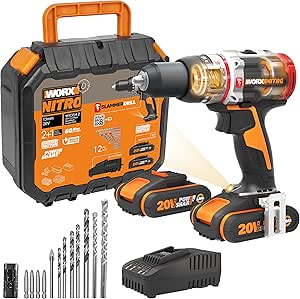 WORX NITRO 18V Perceuse-visseuse à Percussion sans Fil WX354.2 PowerShare PRO Brushless 2 Vitesses 2 Batteries de 2,0 Ah et Chargeur