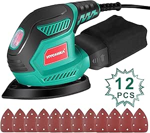 HYCHIKA Ponceuse Excentrique, 200W 14000RPM Ponceuses électriques avec 12pcs Papier de Verre& Collecte de Poussière, Idéale pour Angles et Bords, Métal et Bois
