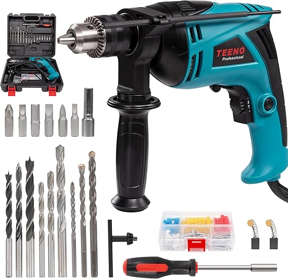 Perceuse à percussion filaire TEENO, 710 W, 230 V, 0-2800 tr/min, vitesse réglable en continu, avec bouton rotatif, diamètre de perçage : bois 25 mm, métal 13 mm, bleu