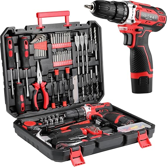 TLGREEN 12V Cordless Impact Drill Tool Box 138 Pieces Tool Box Complete with Drill for Repair, Maintenance and Work for Garden, Office, Home