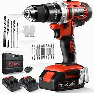 TEENO 20 V Cordless Drill 2 x 2.0 Ah Batteries, 45 Nm Impact Drill, 20 + 3 Torque Settings and 2 Speeds